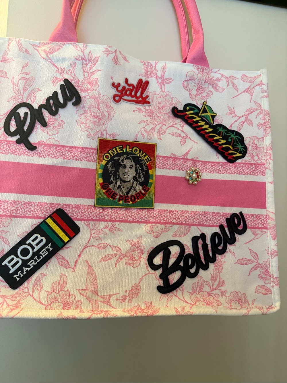 Pink Floral Tote Bag with Patches